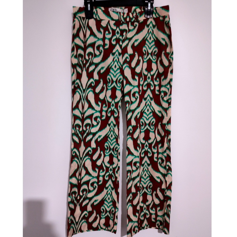 Zara Join Life Ikat Damask Print Straight Leg Pants Burgundy Green M 4479/243